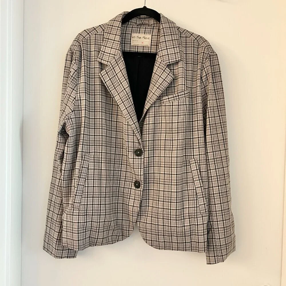 Free People We the Free Cali Oversized Plaid Blazer in Neutral Combo XL NWOT